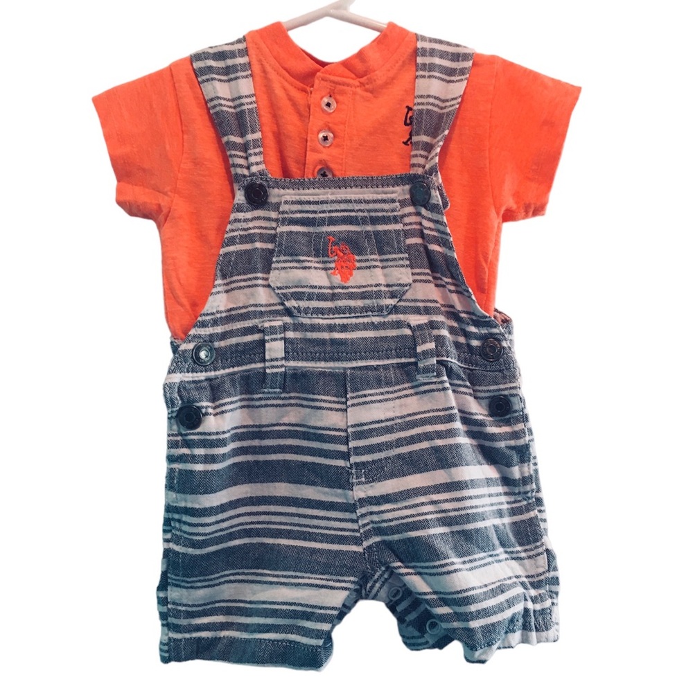 U.S. POLO ASSN baby boys’ striped shortalls top and Orange bottom set